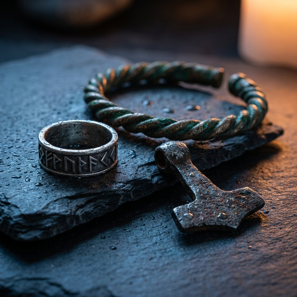 Aged silver, bronze and steel Viking jewelry on dark wet slate stone