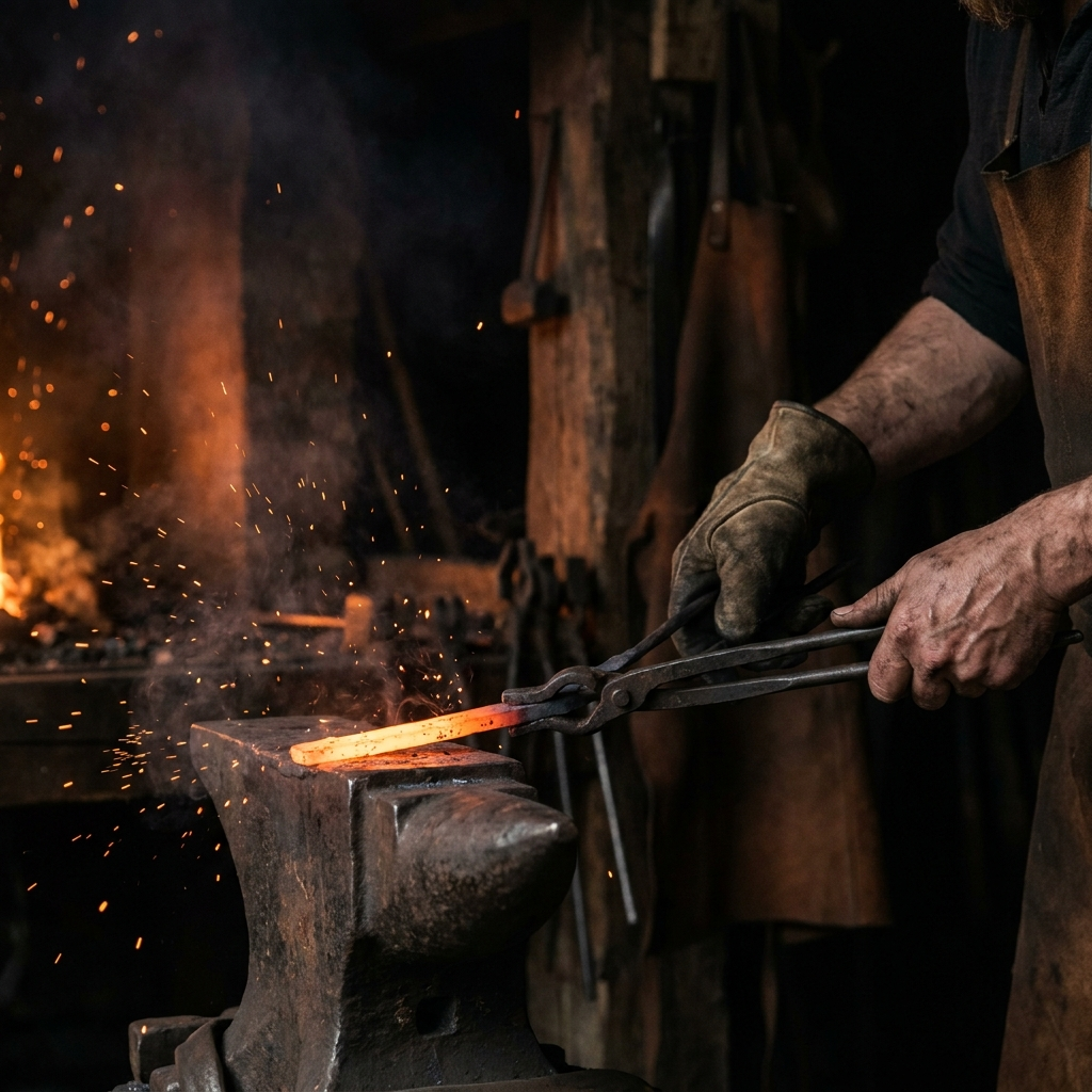 Smith's hands working glowing metal at a Viking forge, warm firelight