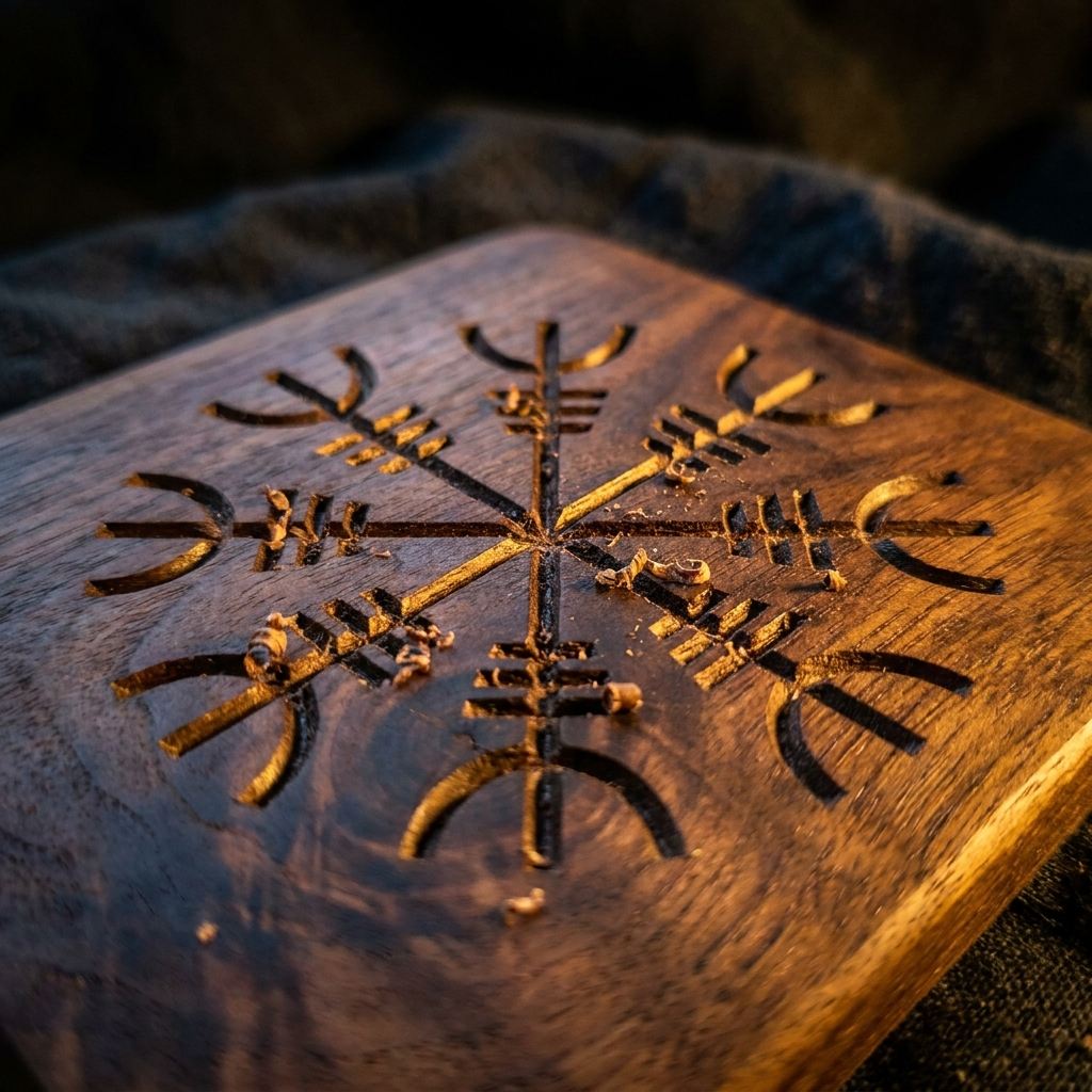 Close macro of the Helm of Awe stave freshly engraved into dark wood