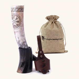 Vegvisir drinking horn in its horn stand with leather belt holder and burlap gift bag, 18 inch