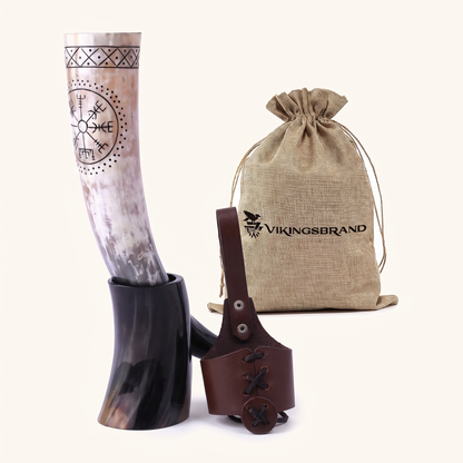 Vegvisir drinking horn in its horn stand with leather belt holder and burlap gift bag, 18 inch