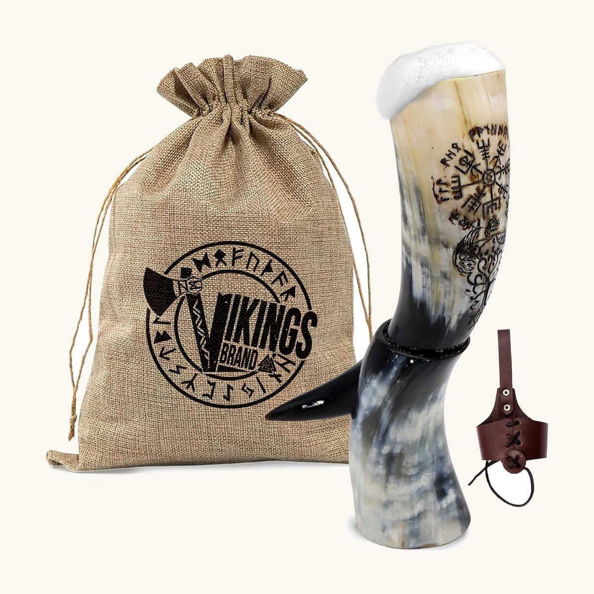 Vegvisir and Yggdrasil Viking drinking horn with stand, leather belt holder and gift bag, 19 inch
