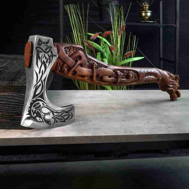 Viking axe handmade Ulfhednar warriors, Fenrir carved Nordic axe