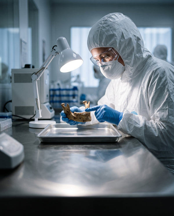 A scientist in a clean-room suit handling an ancient bone sample under a lamp