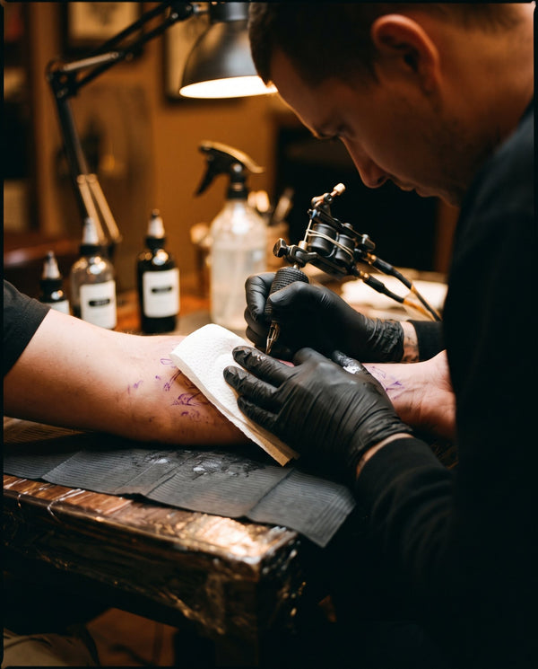A tattoo artist in black gloves working on a forearm, stencil paper in hand