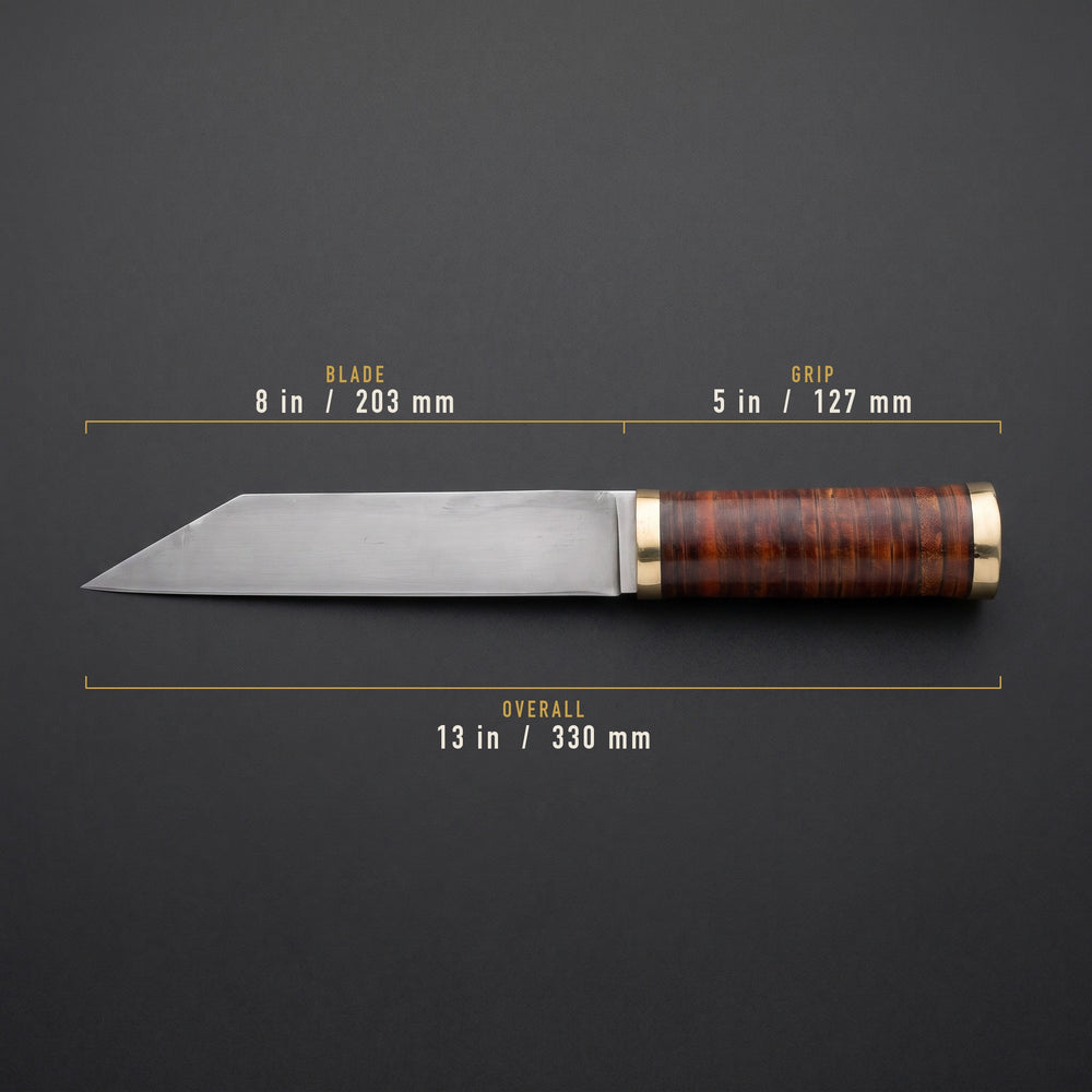 Viking-styled seax knife dimensions: 8 inch blade, 5 inch grip, 13 inches overall