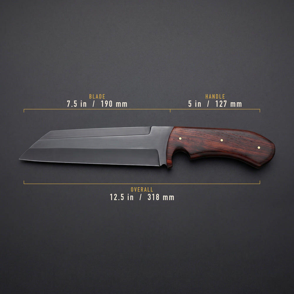 Viking-styled seax knife dimensions: 7.5 inch blade, 5 inch handle, 12.5 inches overall