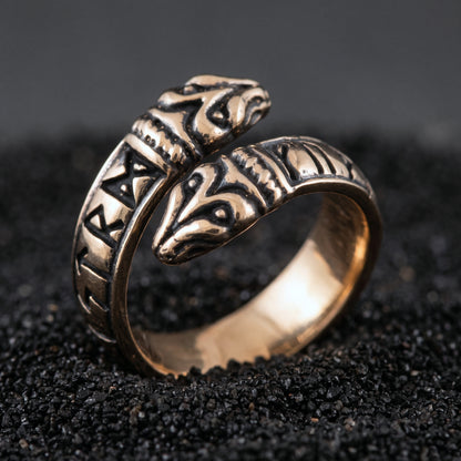 Open bronze spiral Viking ring showing the polished interior and the gap between the ends
