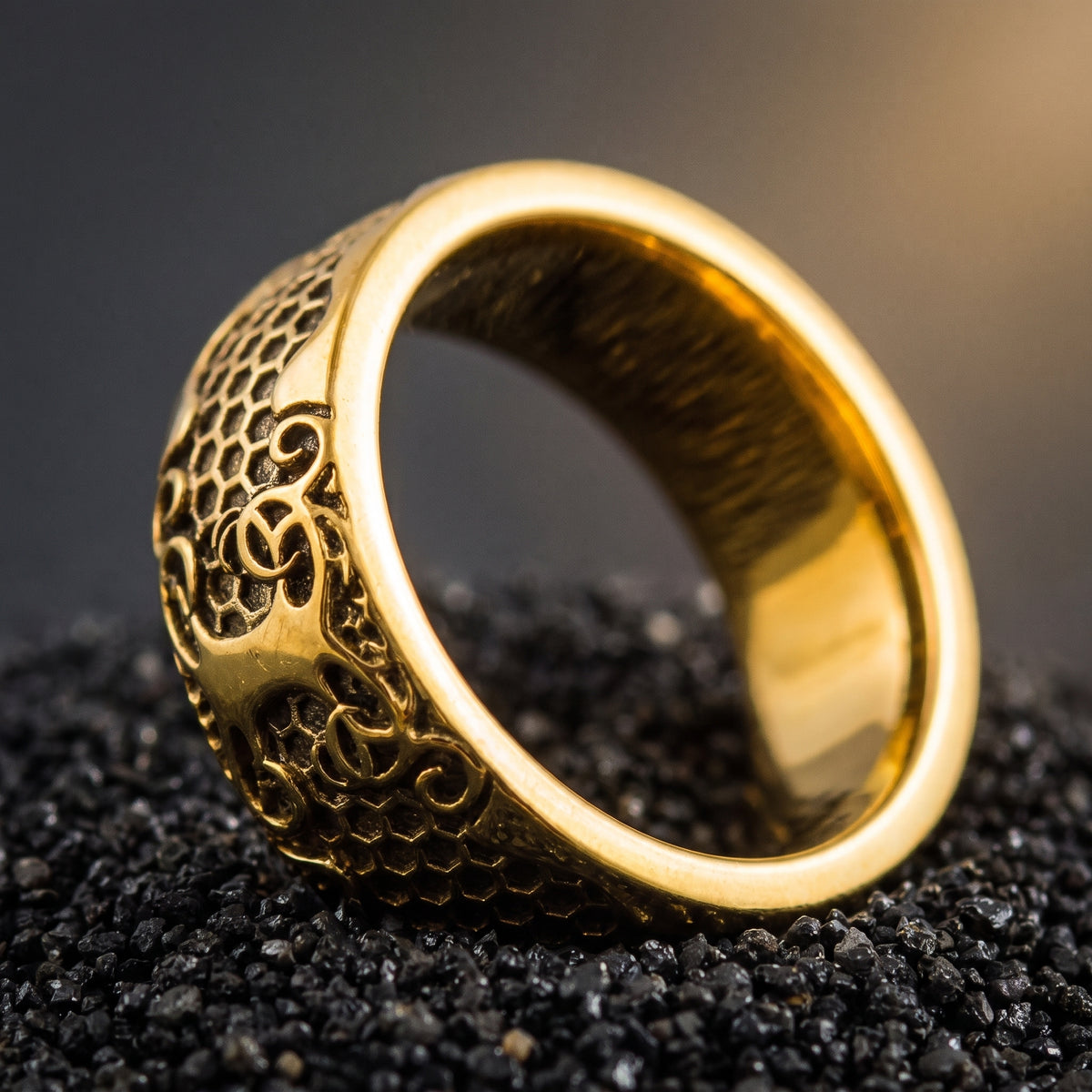 Gold Viking ring from the side, mirror polished interior