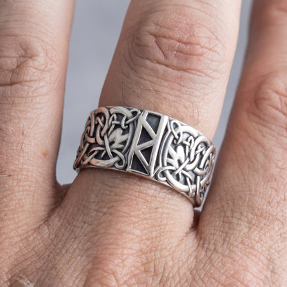 Silver Raido rune Viking ring worn on a finger