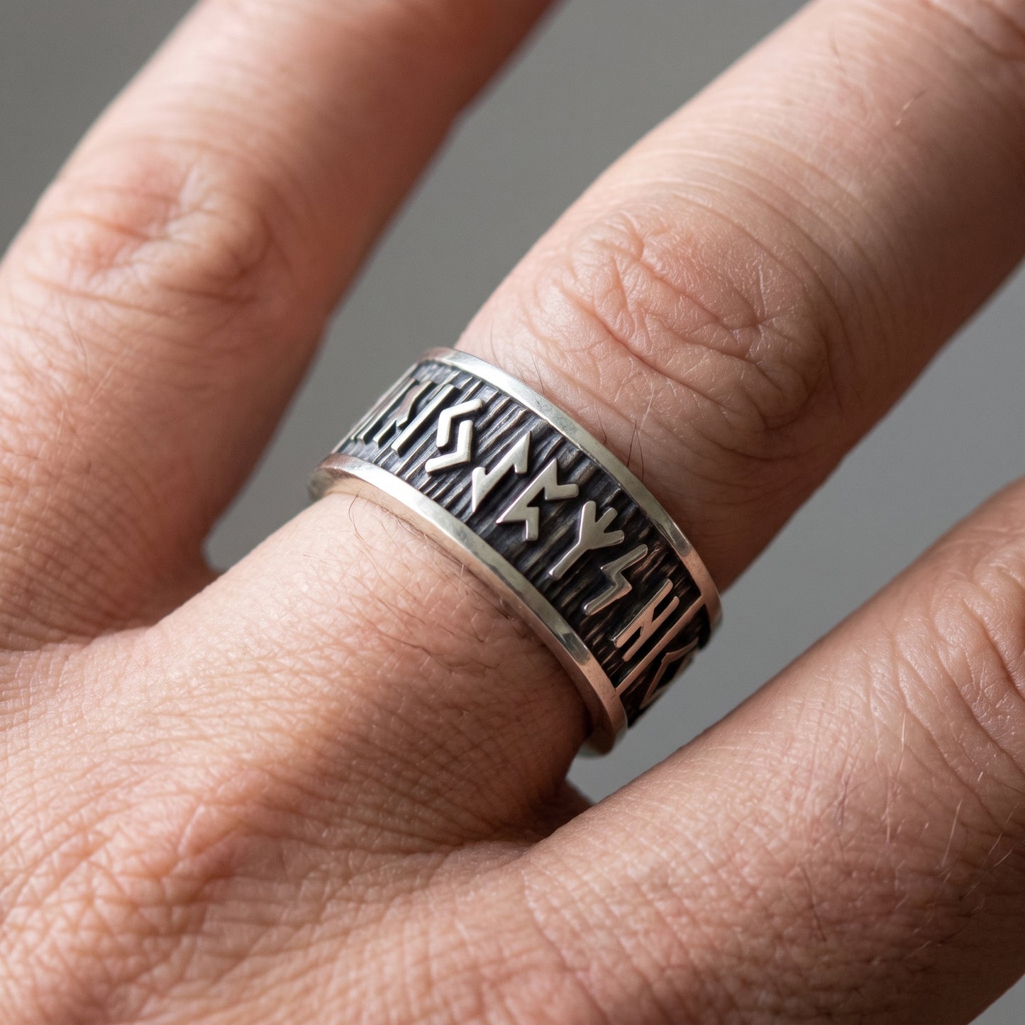 Wide rim Elder Futhark runes 925 sterling silver Viking ring – view 3