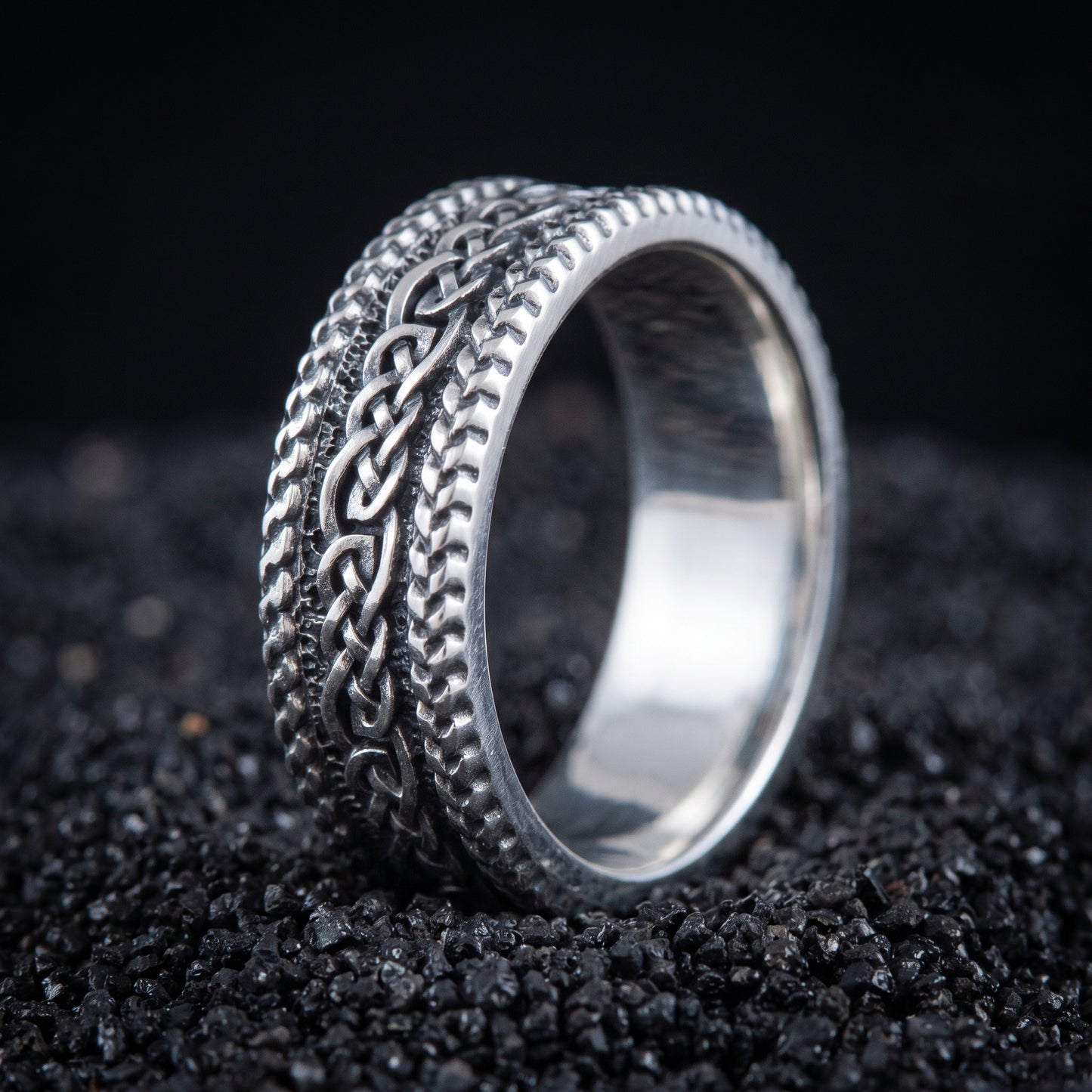 Sterling silver Viking wedding ring with braided plait bands and twisted rope rails