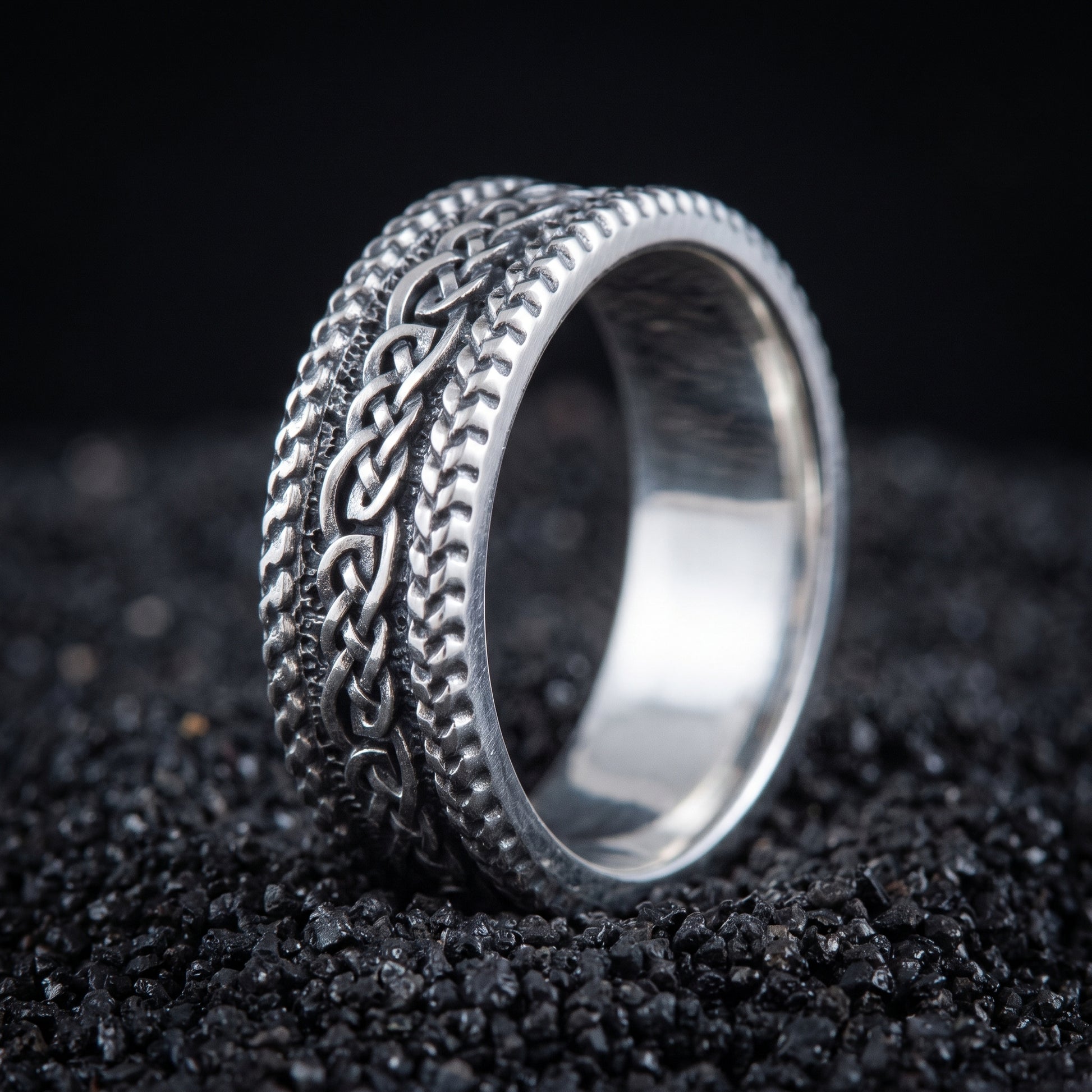 Sterling silver Viking wedding ring with braided plait bands and twisted rope rails