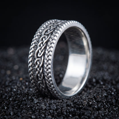 Sterling silver Viking wedding ring with braided plait bands and twisted rope rails