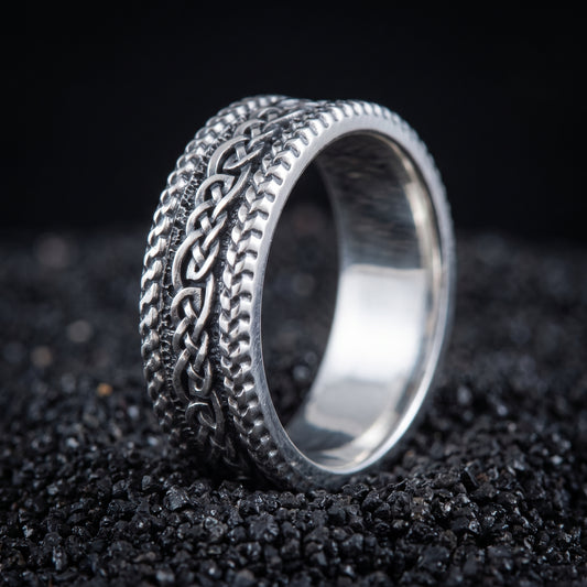 Sterling silver Viking wedding ring with braided plait bands and twisted rope rails