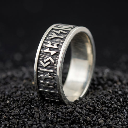 Wide rim Elder Futhark runes 925 sterling silver Viking ring