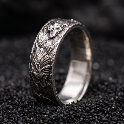 Hand-carved sterling silver Fenrir wolf ring with deep Norse relief