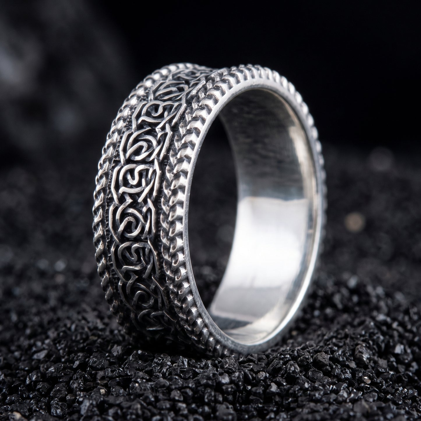 Sterling silver Viking wedding ring with Norse knotwork between twisted rope rails