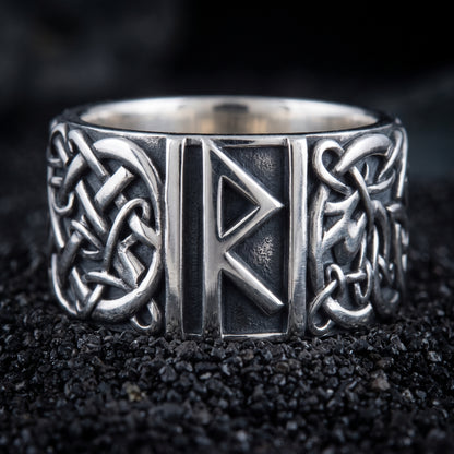 Sterling silver Viking ring with the Raido rune and Scandinavian knotwork