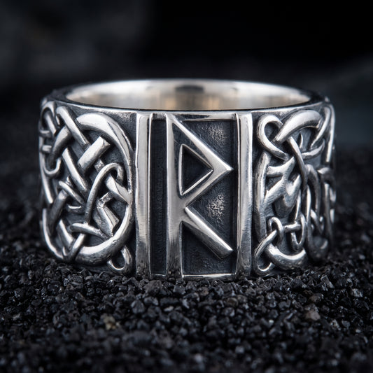 Sterling silver Viking ring with the Raido rune and Scandinavian knotwork