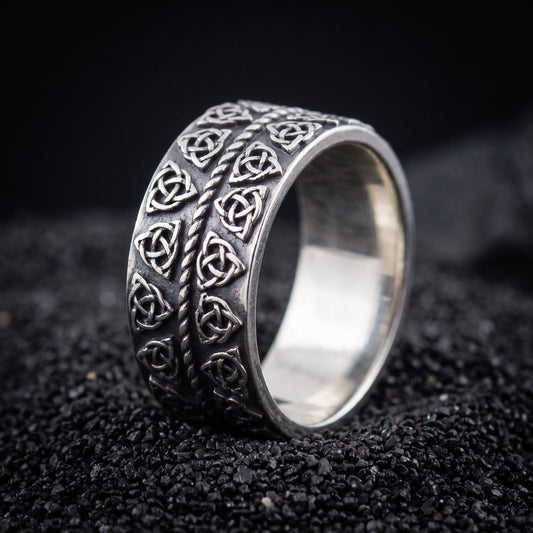 Sterling silver Viking ring with two rows of triquetra knots and a twisted rope