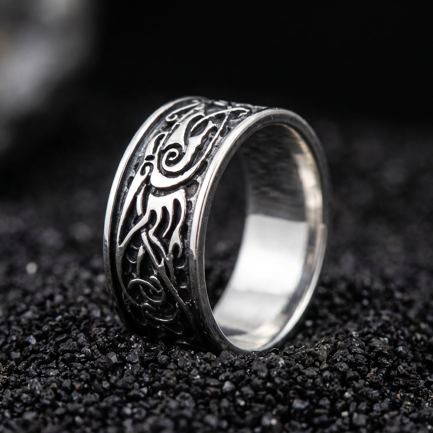 Sterling silver Viking wedding ring with fine Urnes interlace in an oxidised channel