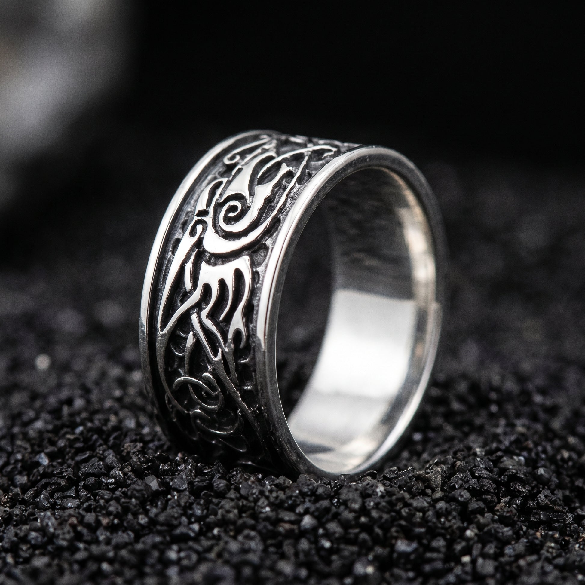 Sterling silver Viking wedding ring with fine Urnes interlace in an oxidised channel
