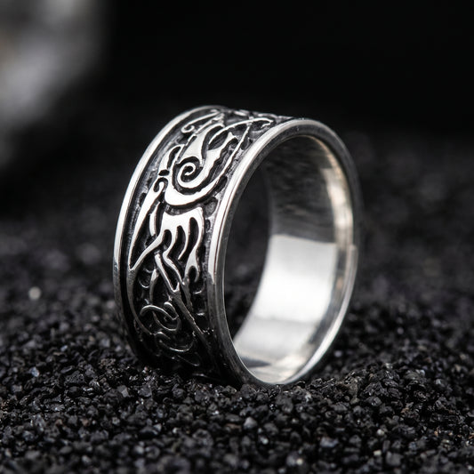 Sterling silver Viking wedding ring with fine Urnes interlace in an oxidised channel