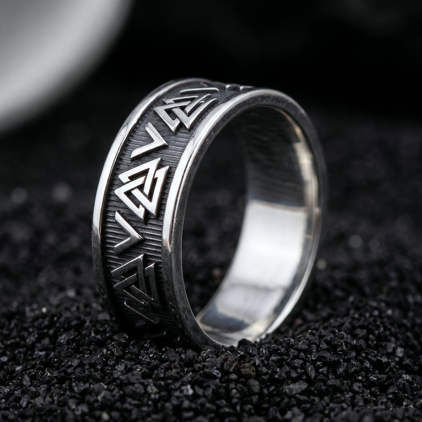 Sterling silver Viking wedding ring with a row of Valknut symbols