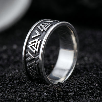 Sterling silver Viking wedding ring with a row of Valknut symbols