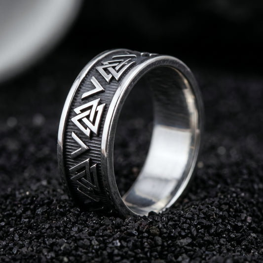 Sterling silver Viking wedding ring with a row of Valknut symbols