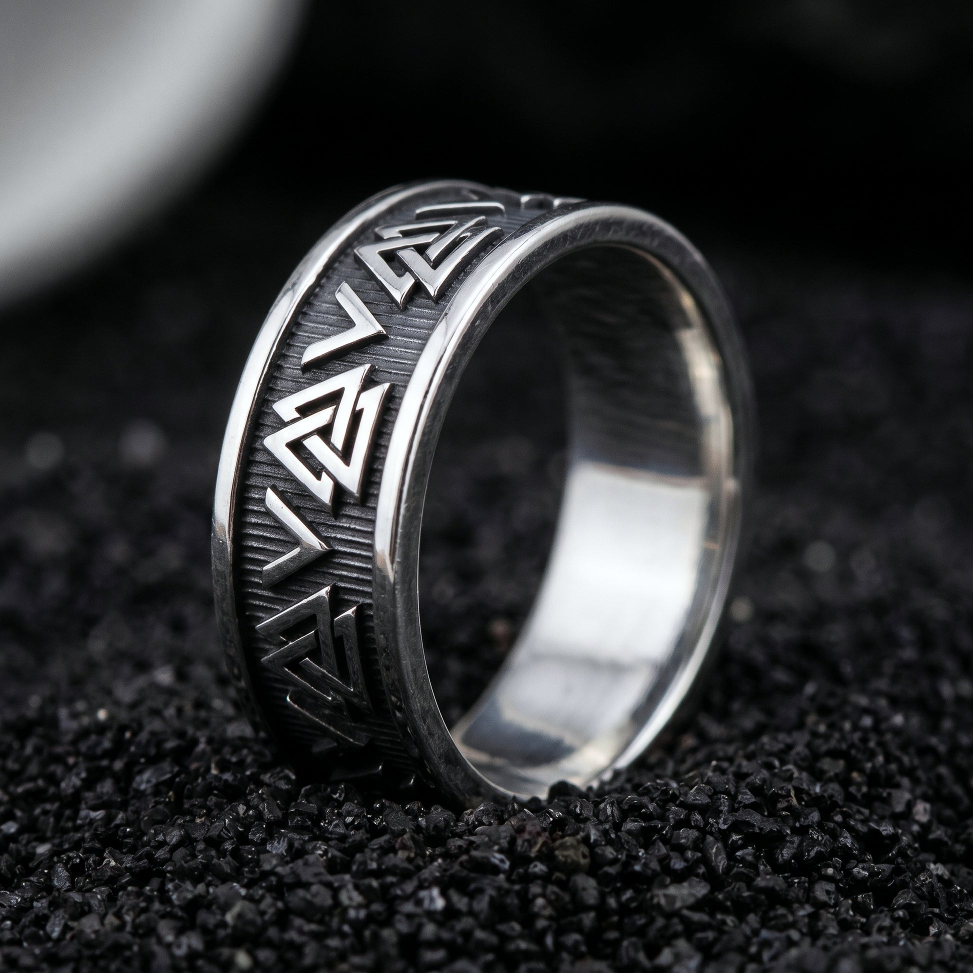 Sterling silver Viking wedding ring with a row of Valknut symbols