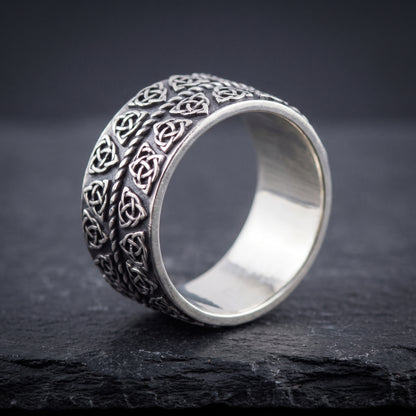 Silver triquetra Viking ring from the side, polished interior visible