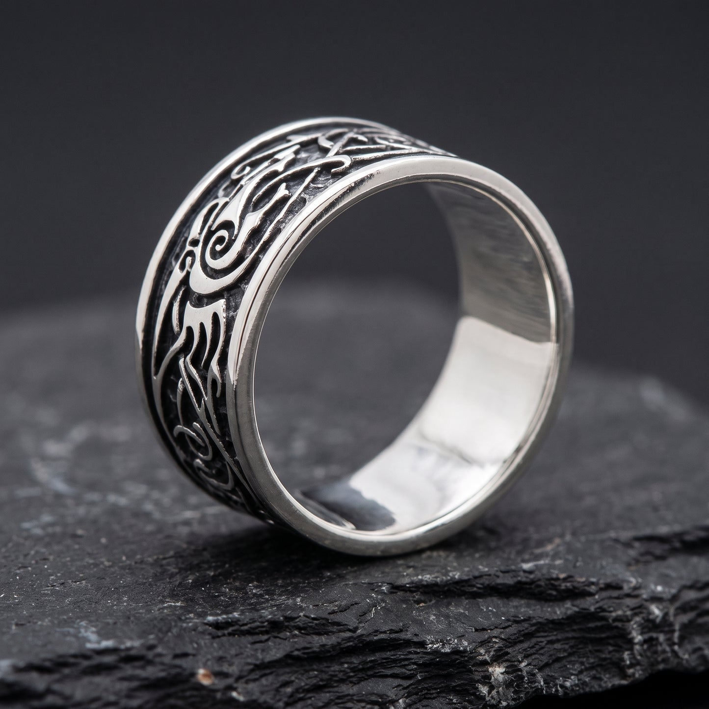 Silver Urnes Viking ring from the side, polished interior visible