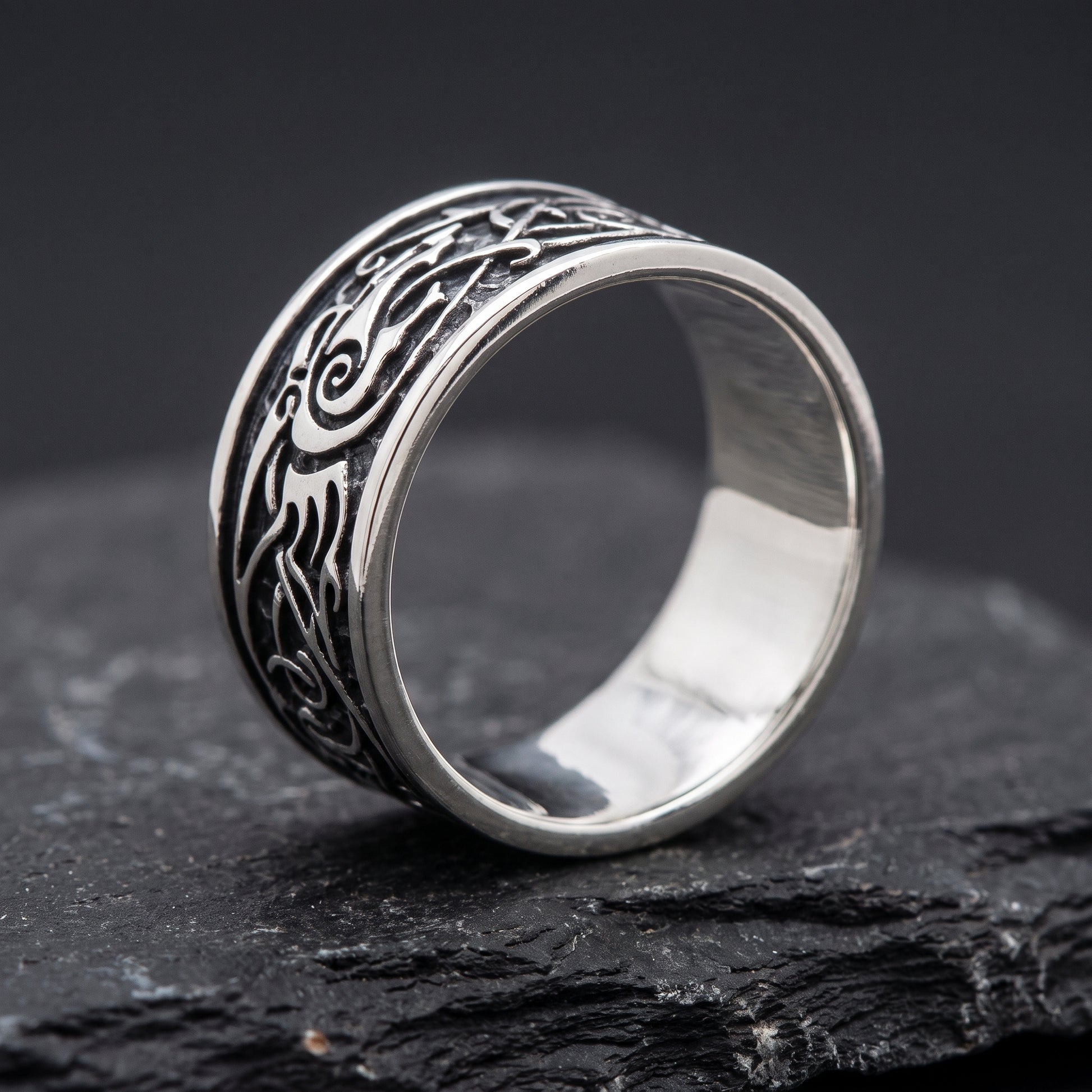 Silver Urnes Viking ring from the side, polished interior visible