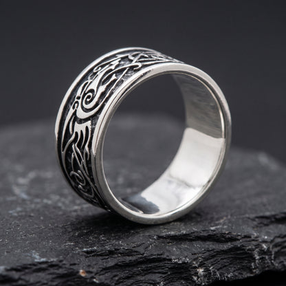 Silver Urnes Viking ring from the side, polished interior visible