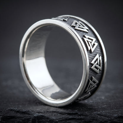 Silver Valknut Viking ring from the side, polished interior visible
