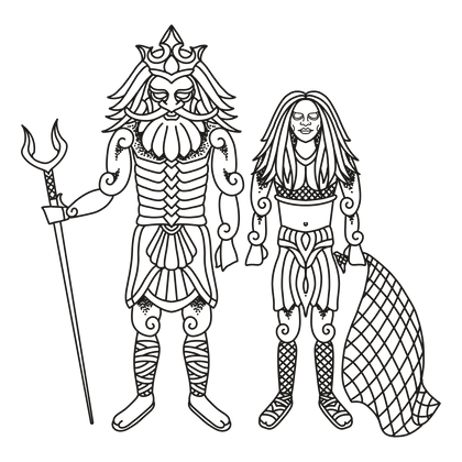 Aegir and Ran line drawing, free to use with credit under CC BY 4.0