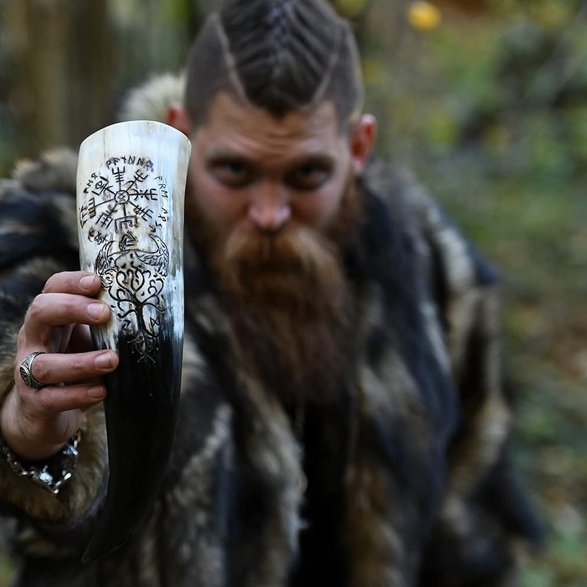 Vegvisir and Yggdrasil Viking drinking horn with stand, 19 inch – view 2