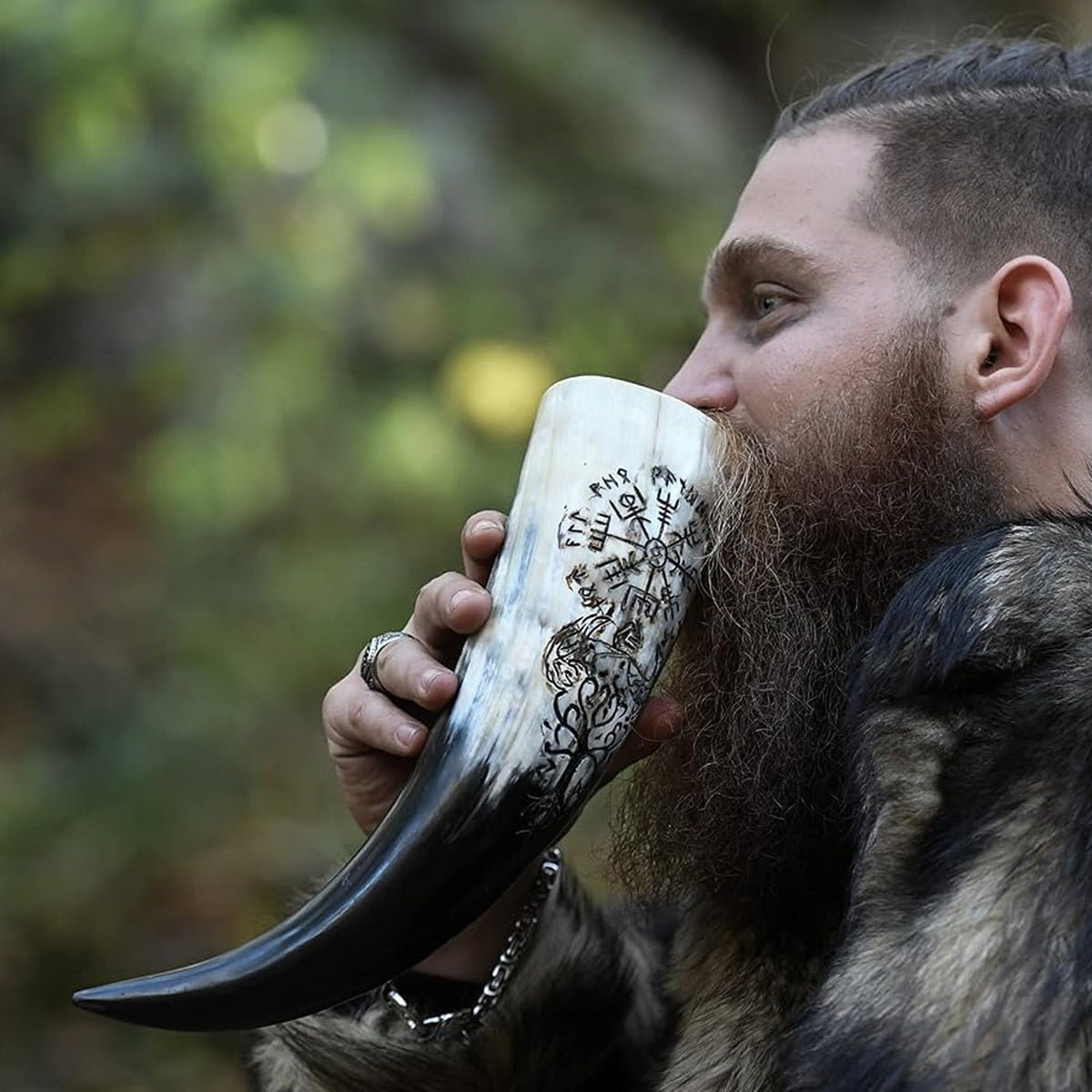 Vegvisir and Yggdrasil Viking drinking horn with stand, 19 inch – view 3