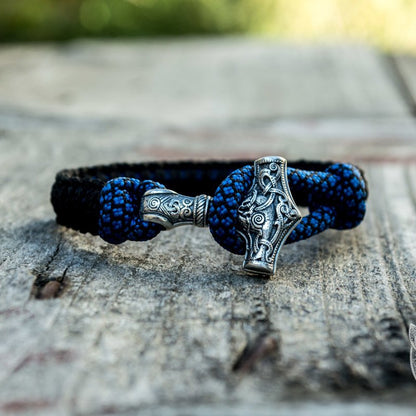 Thors Hammer Blue with Black Paracord 925 Sterling Silver Bracelet - VikingsBrand