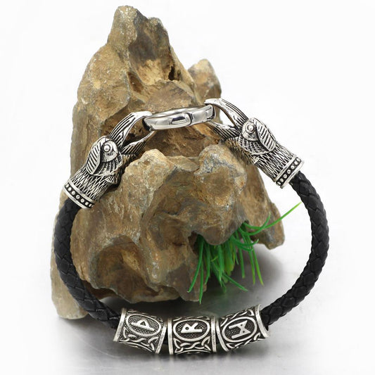 3 Rune Genuine Leather Raven Bracelet - VikingsBrand