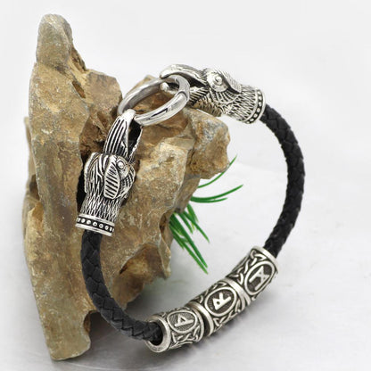 3 Rune Genuine Leather Raven Bracelet - VikingsBrand