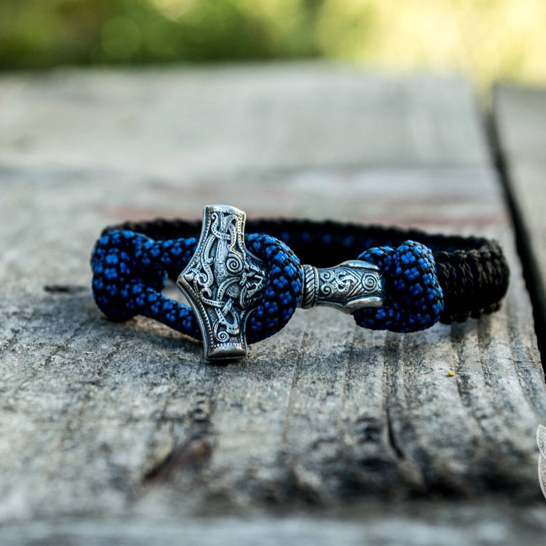 Thors Hammer Blue with Black Paracord 925 Sterling Silver Bracelet - VikingsBrand