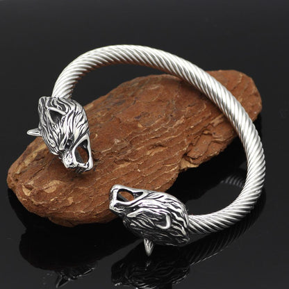 316L Stainless Steel Fenrir Wolf Head Ends Bracelet - VikingsBrand