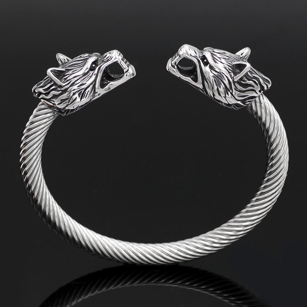 316L Stainless Steel Fenrir Wolf Head Ends Bracelet - VikingsBrand