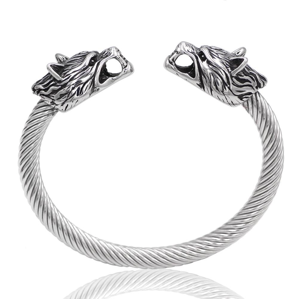 316L Stainless Steel Fenrir Wolf Head Ends Bracelet - VikingsBrand