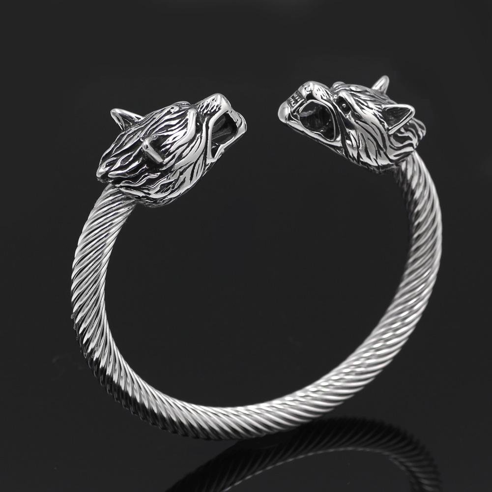 316L Stainless Steel Fenrir Wolf Head Ends Bracelet - VikingsBrand
