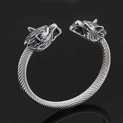 316L Stainless Steel Fenrir Wolf Head Ends Bracelet - VikingsBrand