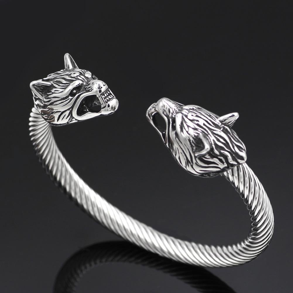 316L Stainless Steel Fenrir Wolf Head Ends Bracelet - VikingsBrand